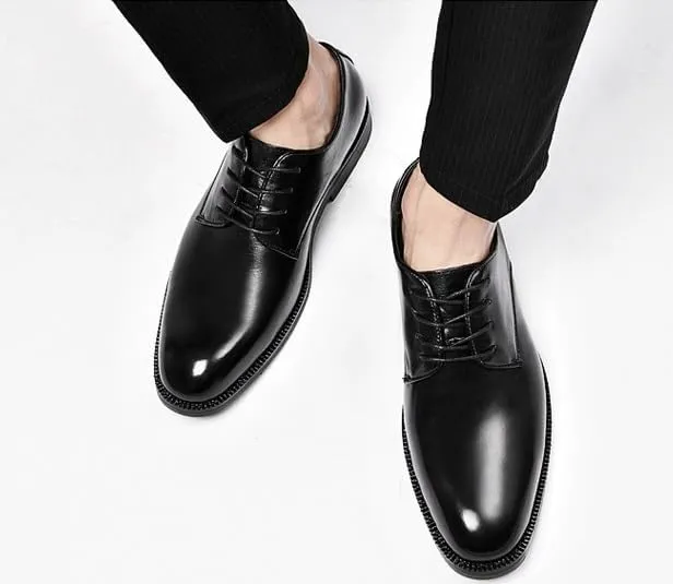 Men's Retro Pointed Chunky Heel Non-Slip Business Dress Shoes Men Genuine Leather Oxford Shoes(9)