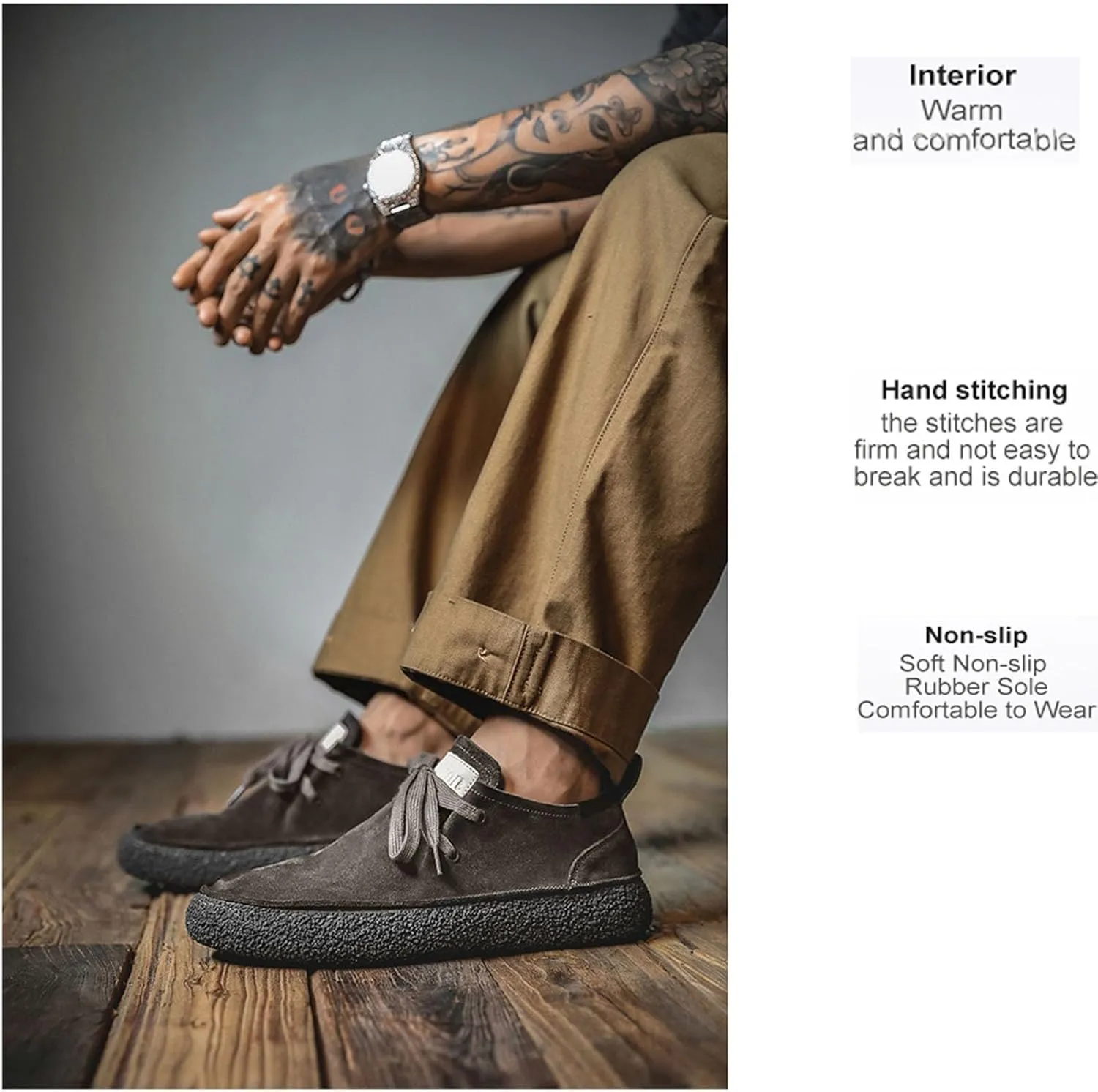 Men's Retro Suede Soft Sole Lace-Up Board Shoes Fashionable and Comfortable Non-Slip Flat Walking Shoes Classic Modern Brushed Leather Oxfords