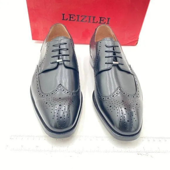 Men's Round Toe Shoes Brogue Genuine Leather Lace-Up Oxford Derby Shoes Black