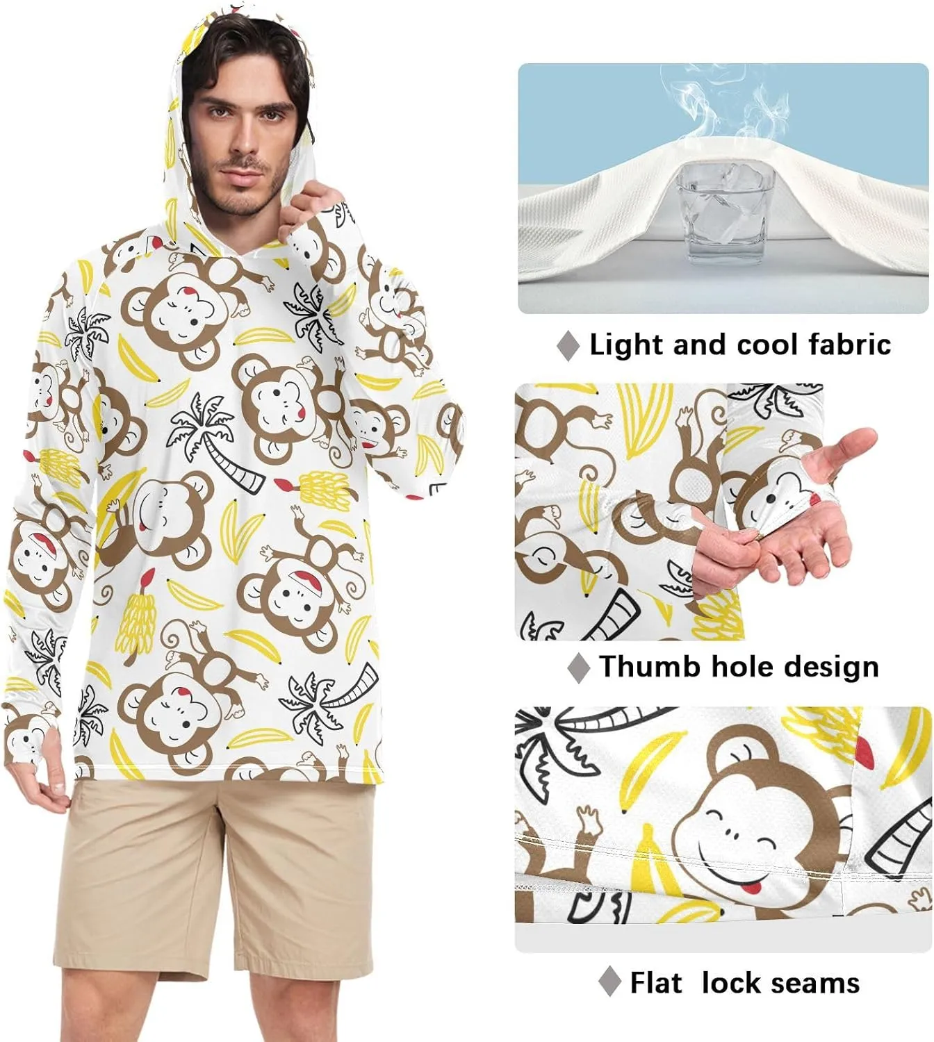 Men's Sun Protection Hoodie Long Sleeve Funny Monkey UPF 50   Sun Shirt with Hood Sun Hoodies UV Hooded Rash Guard