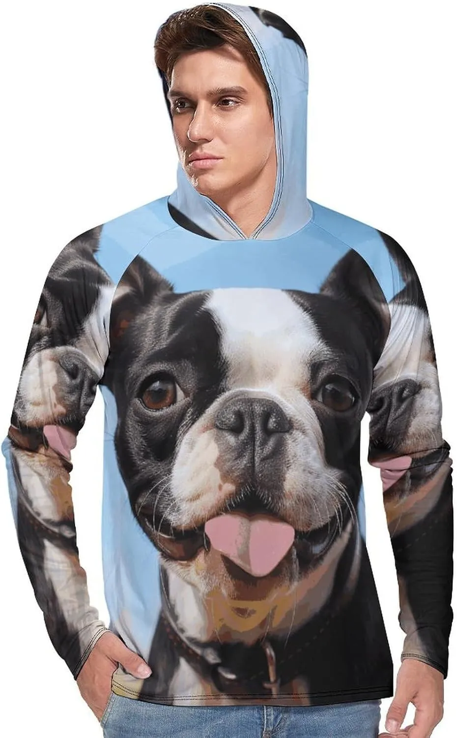 Men's Sun Protection Hoodie Shirts UPF 50  Long Sleeve Rash Guard Lovely Boston Terrier Sun Shirt Outdoor