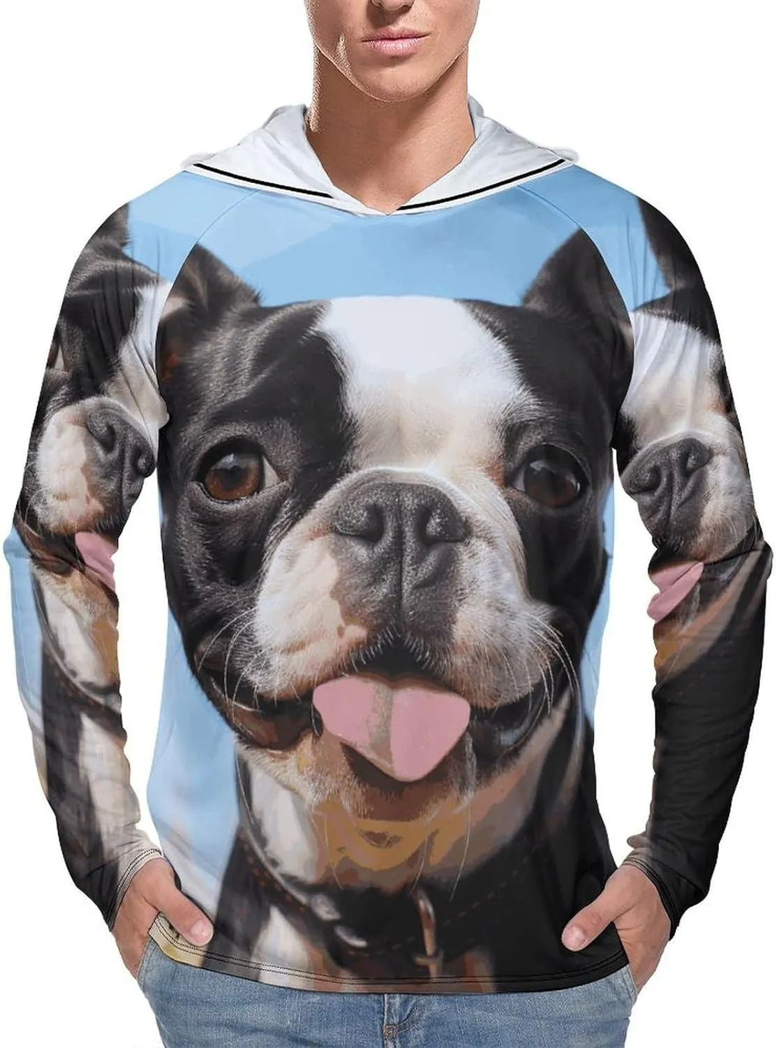 Men's Sun Protection Hoodie Shirts UPF 50  Long Sleeve Rash Guard Lovely Boston Terrier Sun Shirt Outdoor
