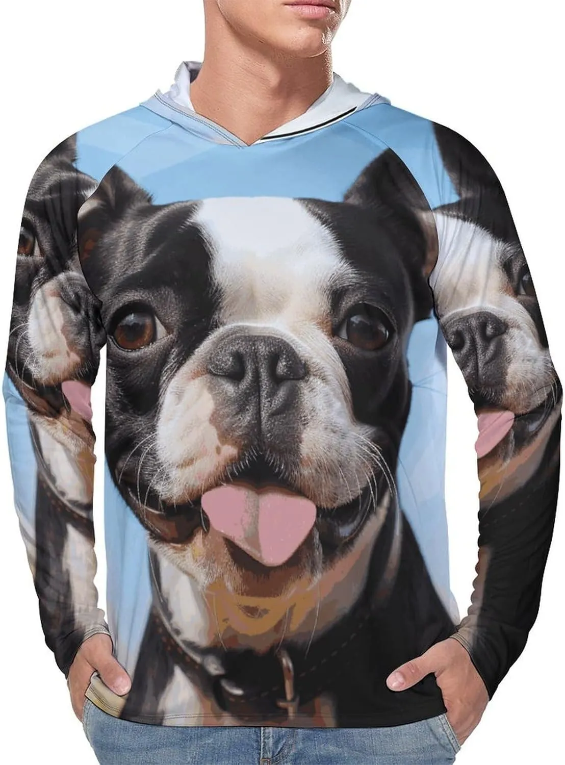 Men's Sun Protection Hoodie Shirts UPF 50  Long Sleeve Rash Guard Lovely Boston Terrier Sun Shirt Outdoor