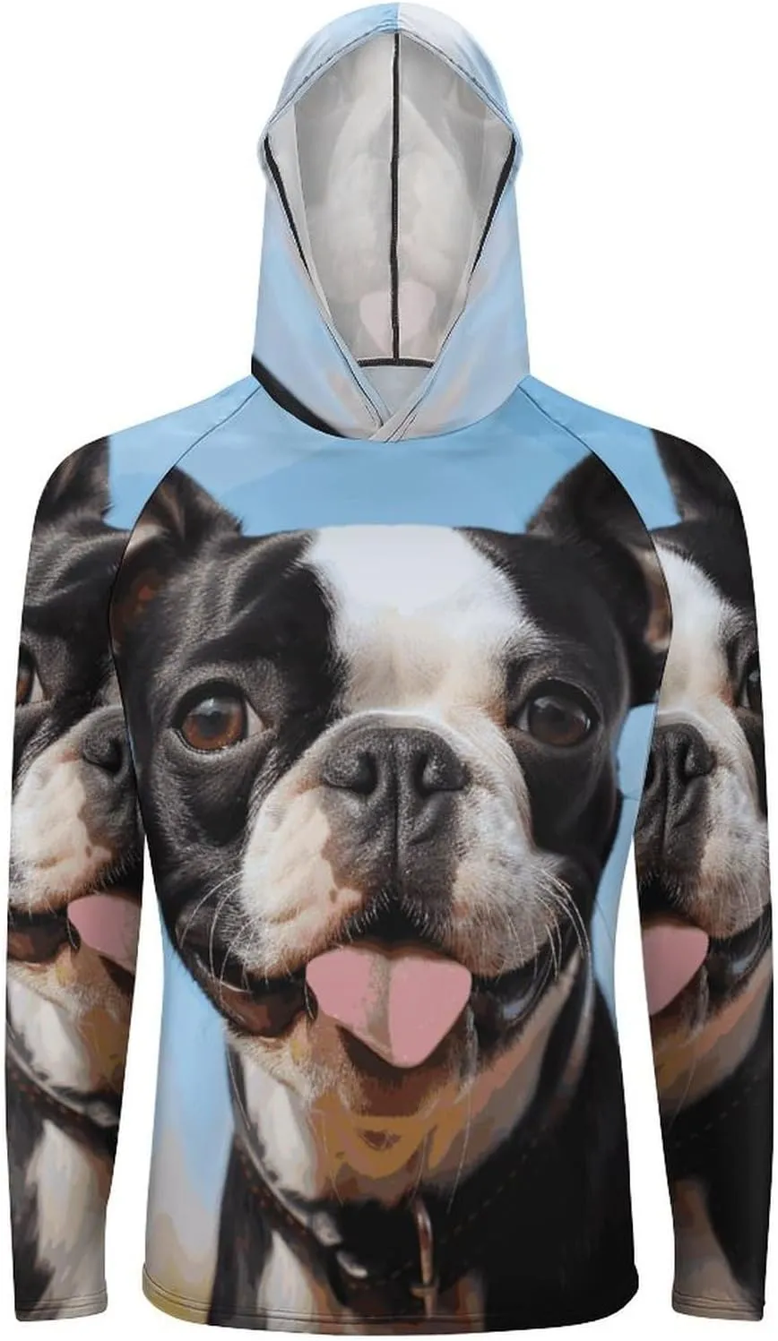 Men's Sun Protection Hoodie Shirts UPF 50  Long Sleeve Rash Guard Lovely Boston Terrier Sun Shirt Outdoor