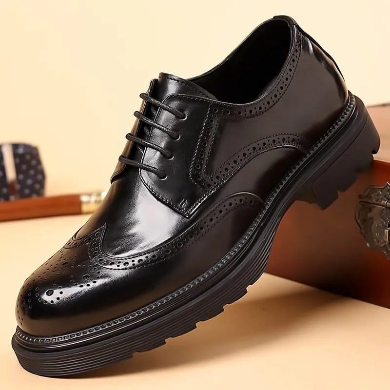 Men's Trendy Brogue Wingtip Derby Shoes Retro Round Toe Comfortable Lug Sole Non-Slip Lace-Up Dress Shoes