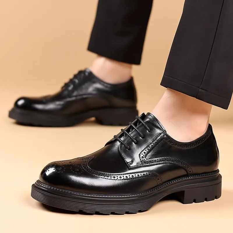 Men's Trendy Brogue Wingtip Derby Shoes Retro Round Toe Comfortable Lug Sole Non-Slip Lace-Up Dress Shoes