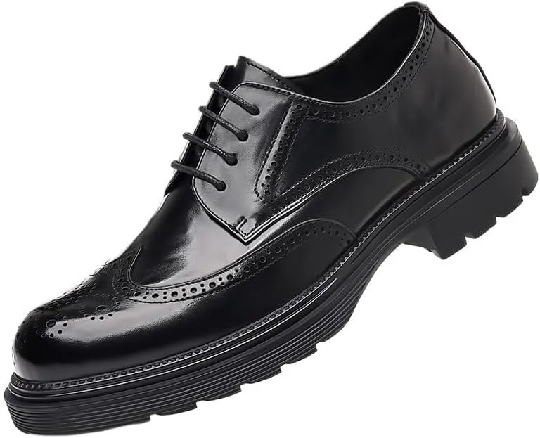 Men's Trendy Brogue Wingtip Derby Shoes Retro Round Toe Comfortable Lug Sole Non-Slip Lace-Up Dress Shoes