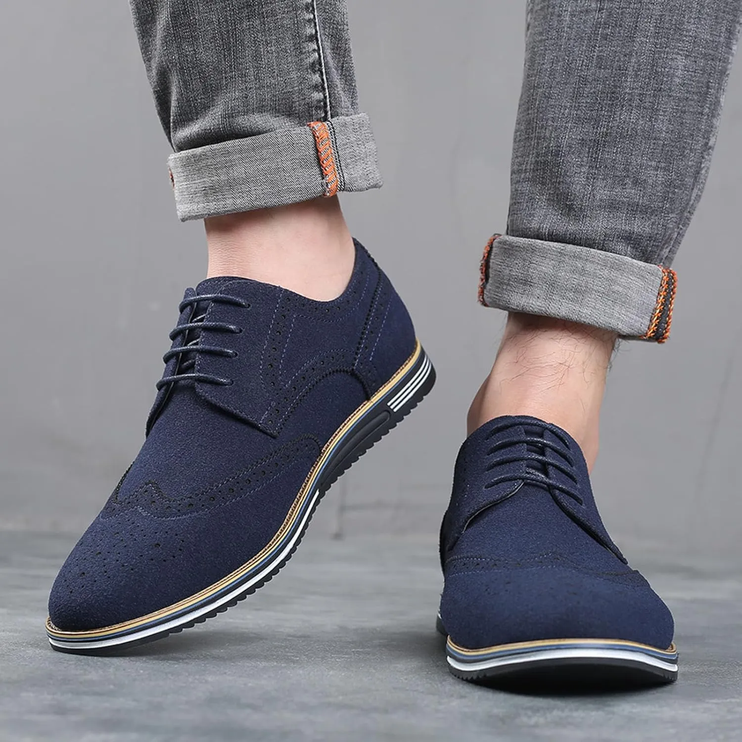 Men's Vintage Suede Wingtip Carving Casual Shoes,Trendy Classic Comfy Lace-up Non-Slip Business Dress Oxfords Sneakers