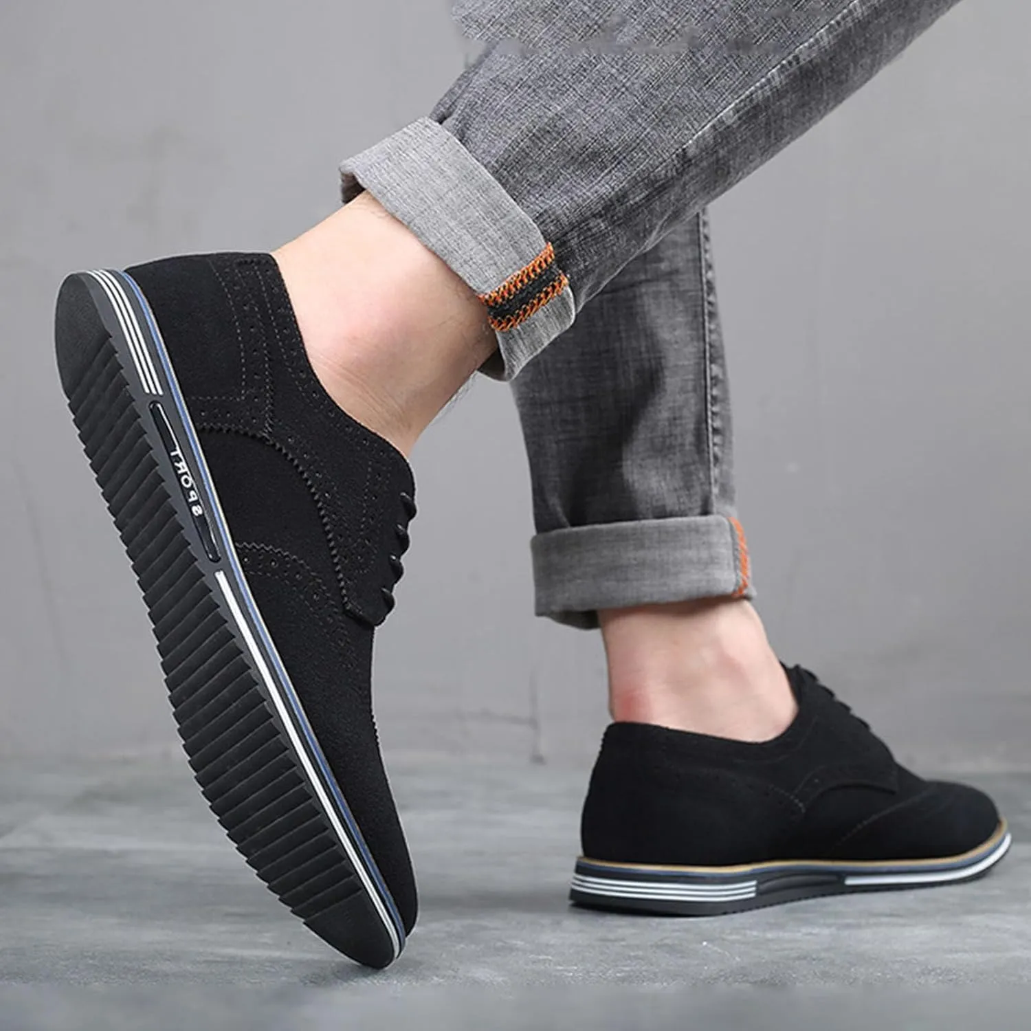 Men's Vintage Suede Wingtip Carving Casual Shoes,Trendy Classic Comfy Lace-up Non-Slip Business Dress Oxfords Sneakers