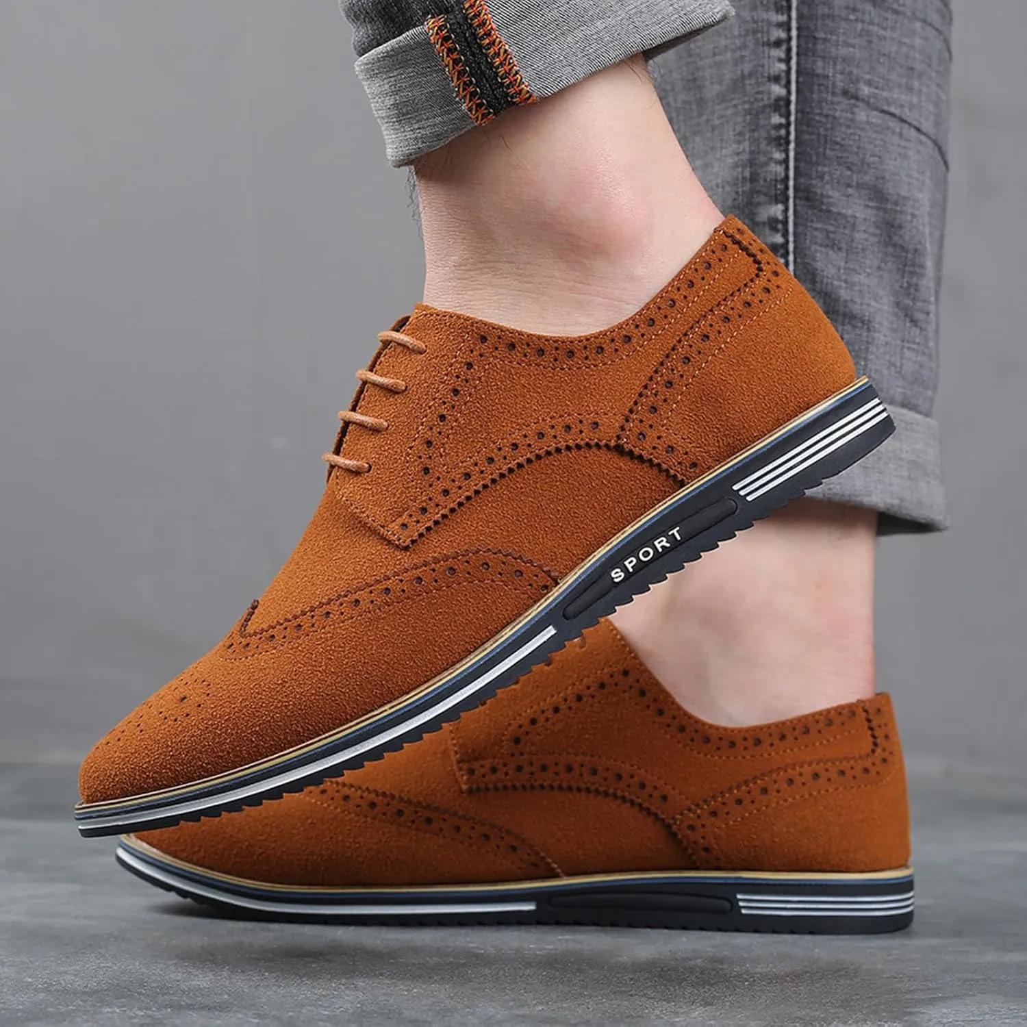 Men's Vintage Suede Wingtip Carving Casual Shoes,Trendy Classic Comfy Lace-up Non-Slip Business Dress Oxfords Sneakers
