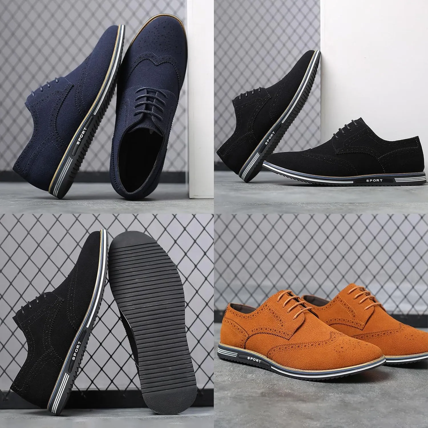 Men's Vintage Suede Wingtip Carving Casual Shoes,Trendy Classic Comfy Lace-up Non-Slip Business Dress Oxfords Sneakers