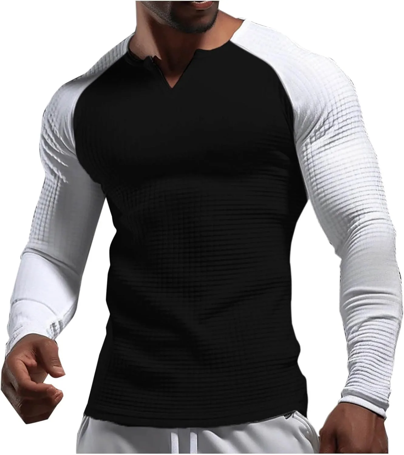 Mens Waffle Knit Shirts Long Sleeve Color Block Tops Casual Muscle Fit Henley T-shirt Lightweight Quick Dry Tee Top