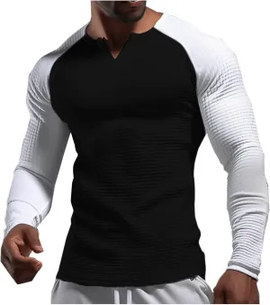 Mens Waffle Knit Shirts Long Sleeve Color Block Tops Casual Muscle Fit Henley T-shirt Lightweight Quick Dry Tee Top