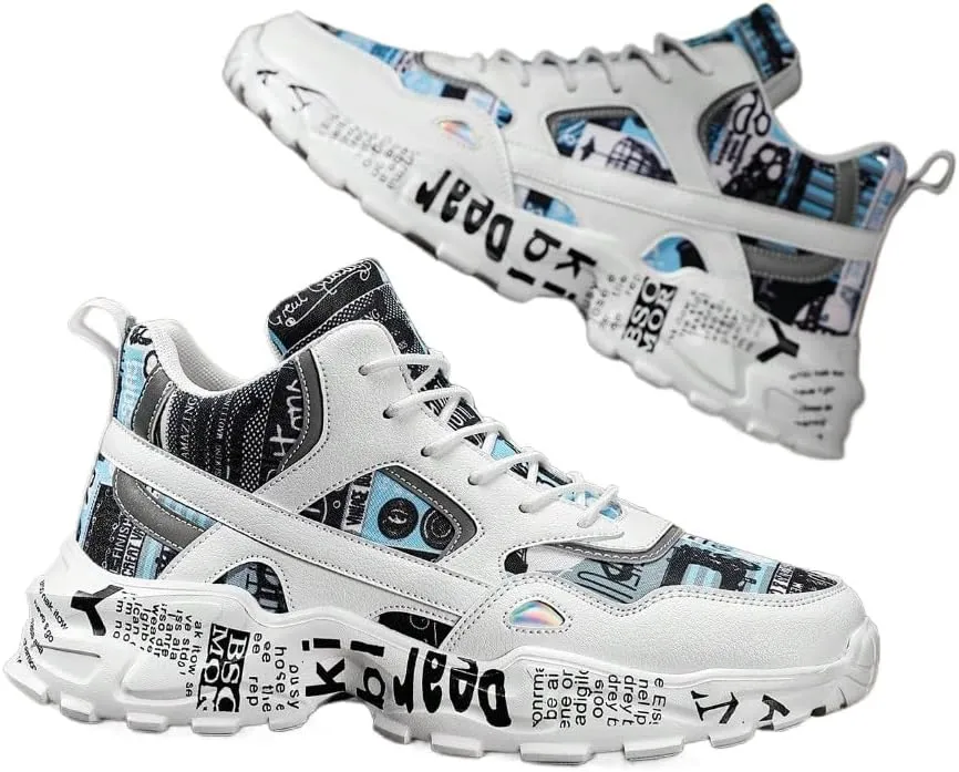 Men's White Thick-Soled Athletic Shoes With Graffiti Pattern, Lace-Up Front, Comfortable, Lightweight, Round Toe, Versatile, Breathable, Suitable For Walking, Casual, Sports And Campus Youth Style