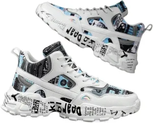 Men's White Thick-Soled Athletic Shoes With Graffiti Pattern, Lace-Up Front, Comfortable, Lightweight, Round Toe, Versatile, Breathable, Suitable For Walking, Casual, Sports And Campus Youth Style