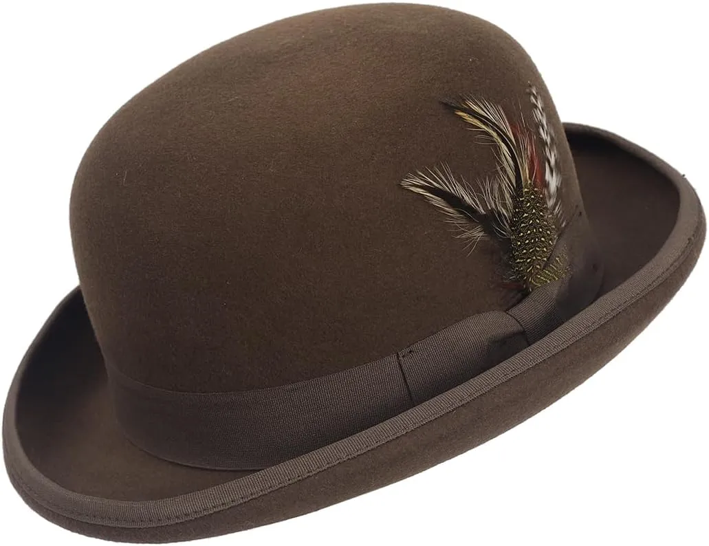 Men's Wool Bowler Hats - Felt Derby Dress Hat - Rolled Brim Fedora with Feather