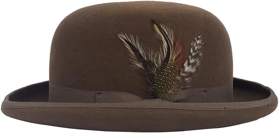 Men's Wool Bowler Hats - Felt Derby Dress Hat - Rolled Brim Fedora with Feather