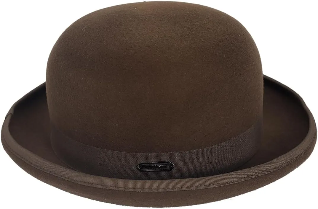 Men's Wool Bowler Hats - Felt Derby Dress Hat - Rolled Brim Fedora with Feather