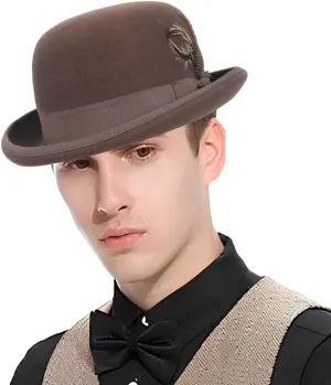 Men's Wool Bowler Hats - Felt Derby Dress Hat - Rolled Brim Fedora with Feather