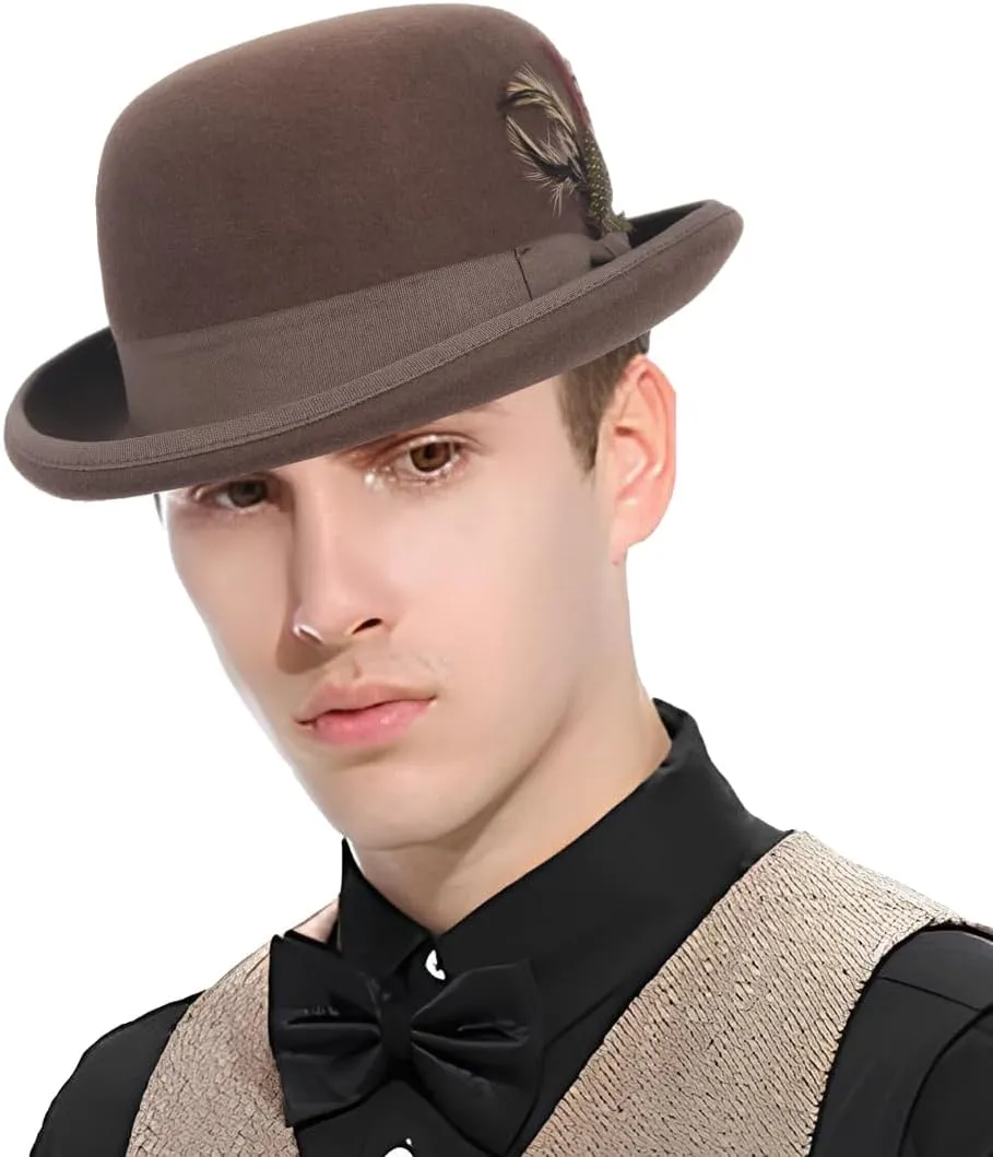 Men's Wool Bowler Hats - Felt Derby Dress Hat - Rolled Brim Fedora with Feather