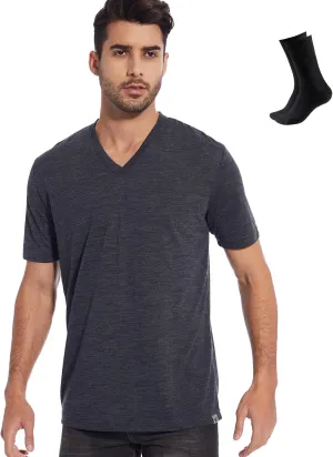 MERINNOVATION Merino Wool T Shirts Mens- Merino Wool Base Layer Mens V Neck Short Sleeve T Shirt for Hiking Travel (Wool Socks Included