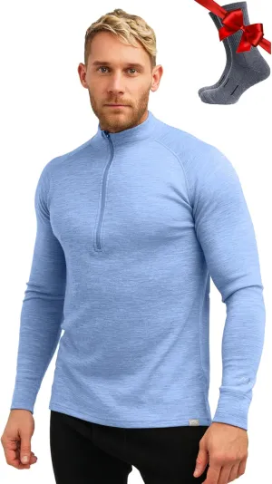 Merino Wool Base Layer Mens - Wool Half Zip Sweater Men - Merino Quarter Zip Sweater Lite, Midweight, Heavyweight and Socks