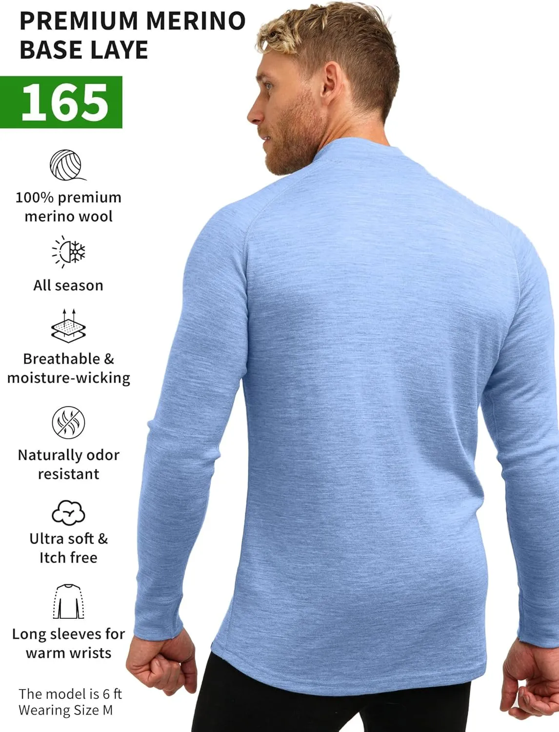 Merino Wool Base Layer Mens - Wool Half Zip Sweater Men - Merino Quarter Zip Sweater Lite, Midweight, Heavyweight and Socks