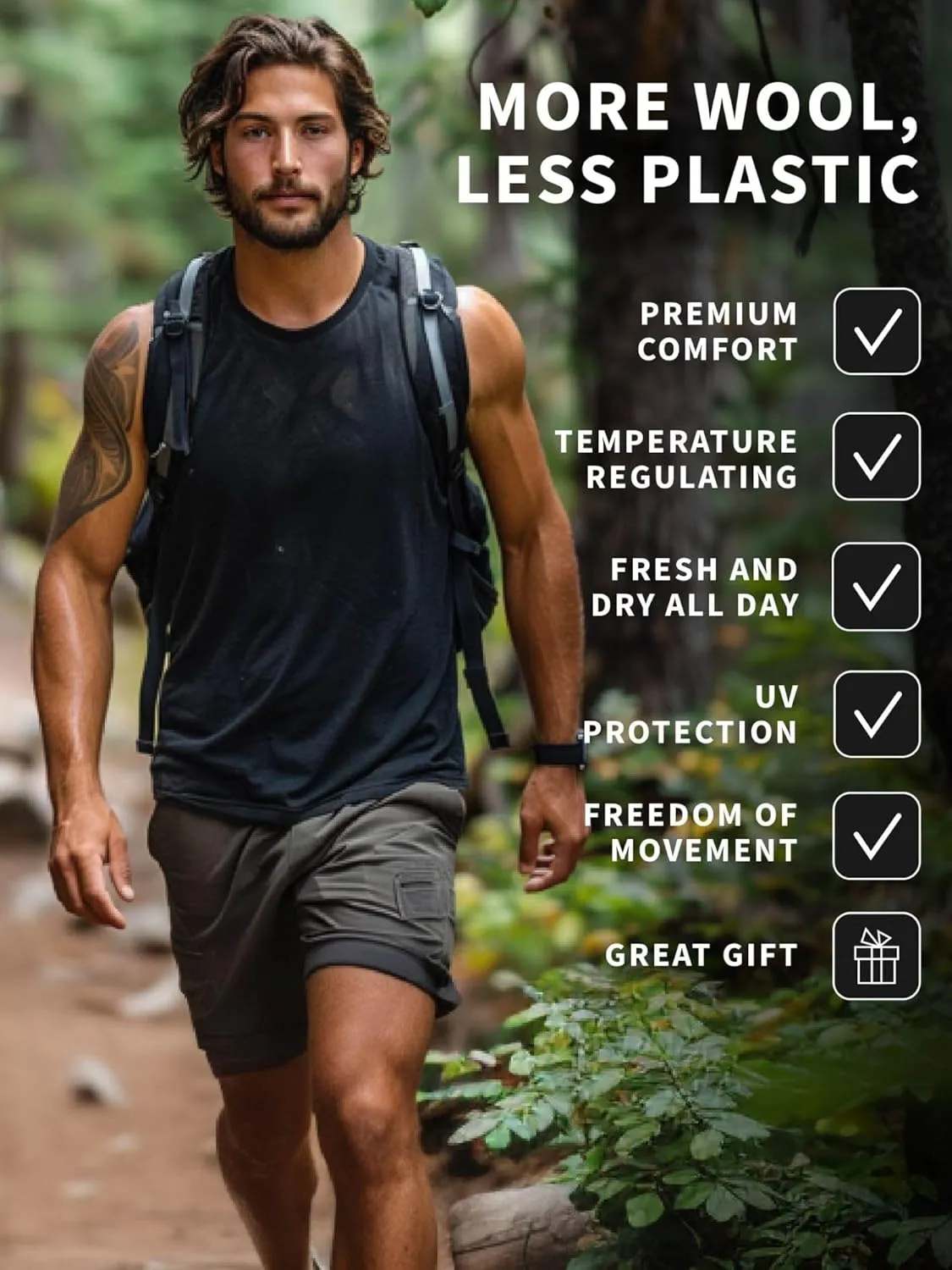 Merino Wool Tank Top Men - Active Merino Wool Undershirt Moisture Wicking Breathable Anti-Odor Lightweight Base Layer