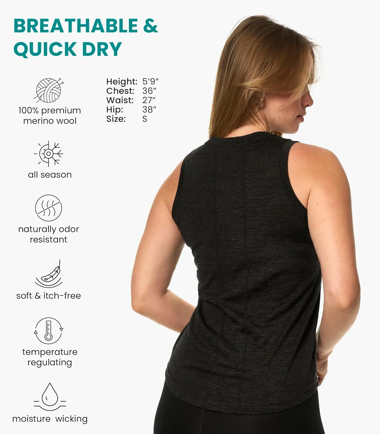 Merino Wool Tank Top Women - Active Merino Wool Undershirt Moisture Wicking Breathable Anti-Odor Lightweight Base Layer