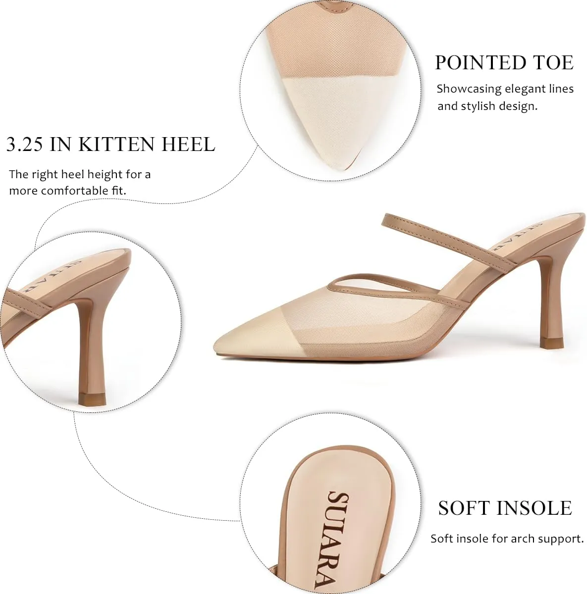 Mesh Kitten Heels for Women Pointed Closed Toe Mule Heeled Sandals Sexy Slip On Dress Pumps