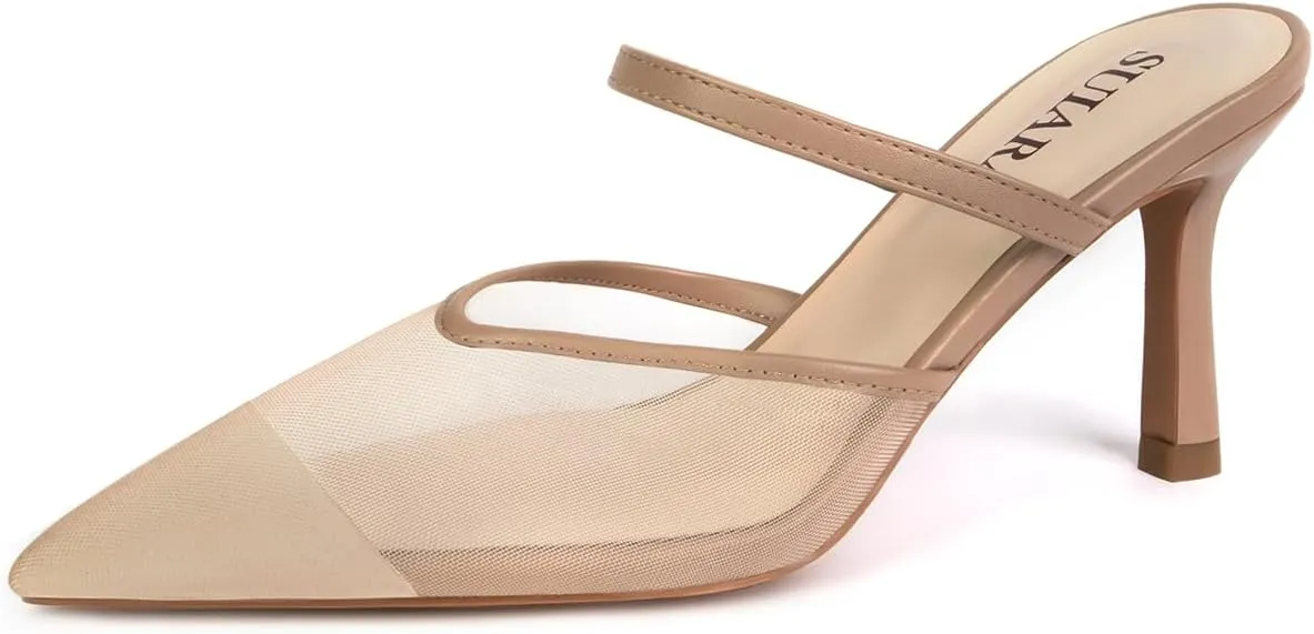 Mesh Kitten Heels for Women Pointed Closed Toe Mule Heeled Sandals Sexy Slip On Dress Pumps