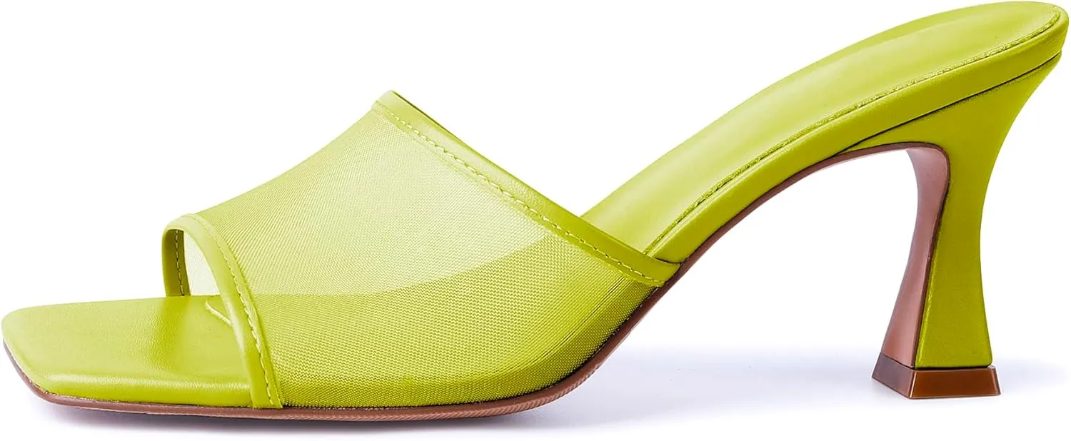 Mesh Mule Heels for Women Kitten Heel Sandals Open Square Toe Heeled Sandals Slip On Mules