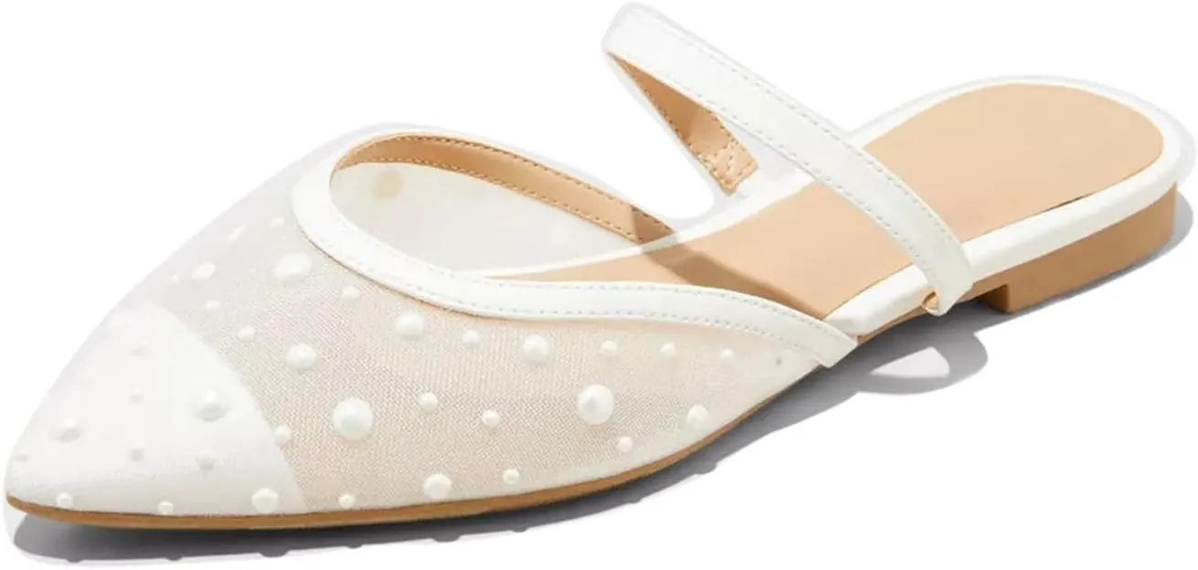 Mesh Mules for Women Comfy Raffia Woven Strap Closed Pointed Toe Mule Flats Casual Slip on Dress Slides Flats