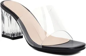 MIOKE Women's Clear Low Block Heel Slide Sandals Crystal Open Toe Slip On Anti-Slip Chunky Heeled Sandal