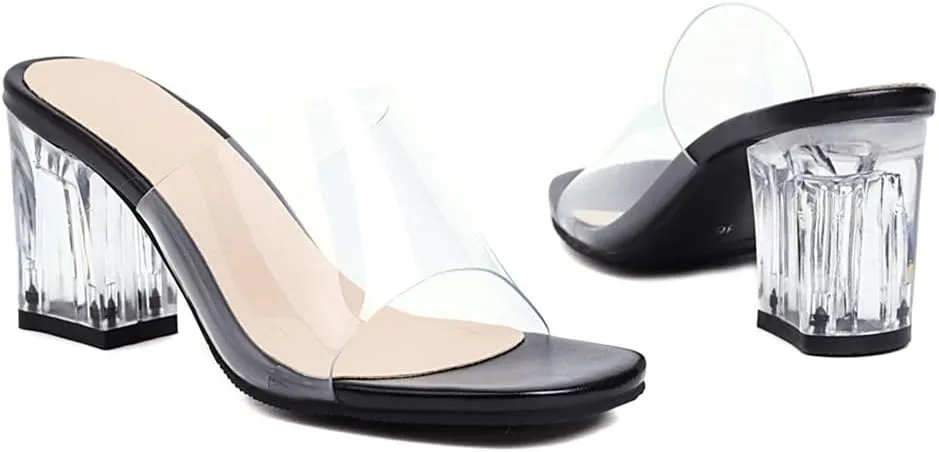 MIOKE Women's Clear Low Block Heel Slide Sandals Crystal Open Toe Slip On Anti-Slip Chunky Heeled Sandal