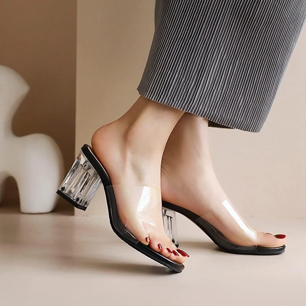 MIOKE Women's Clear Low Block Heel Slide Sandals Crystal Open Toe Slip On Anti-Slip Chunky Heeled Sandal