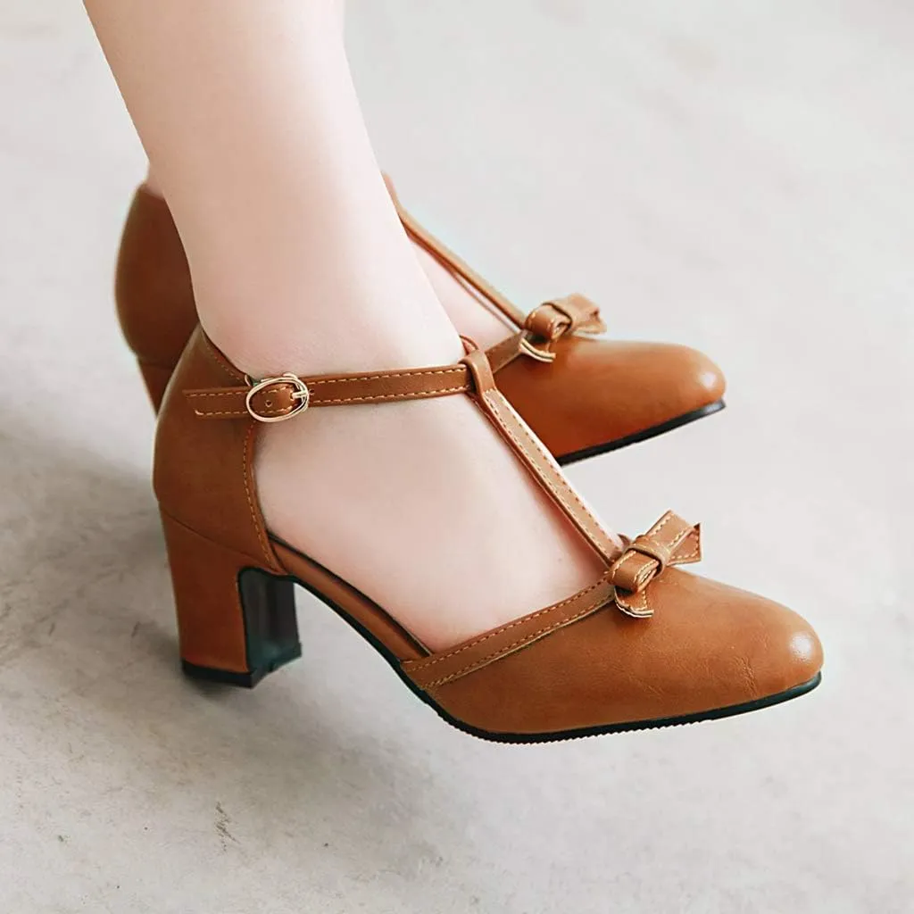 MIOKE Women's Retro T-Strap Mary Jane Pumps Round Toe Chunky Block Heel Classic Vintage Dress Oxford Shoes