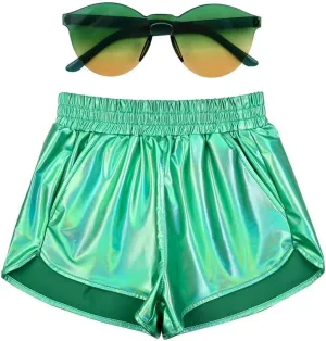 Mirawise Women's Metallic Shorts Summer Yoga Hot Shiny Sparkly Outfit Short Pants with Sunglasses