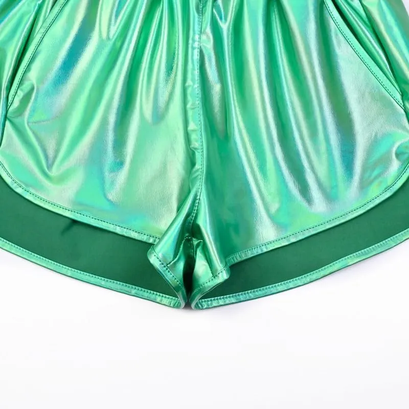 Mirawise Women's Metallic Shorts Summer Yoga Hot Shiny Sparkly Outfit Short Pants with Sunglasses