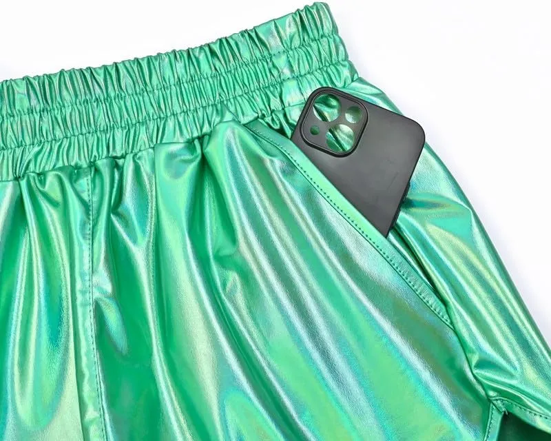 Mirawise Women's Metallic Shorts Summer Yoga Hot Shiny Sparkly Outfit Short Pants with Sunglasses