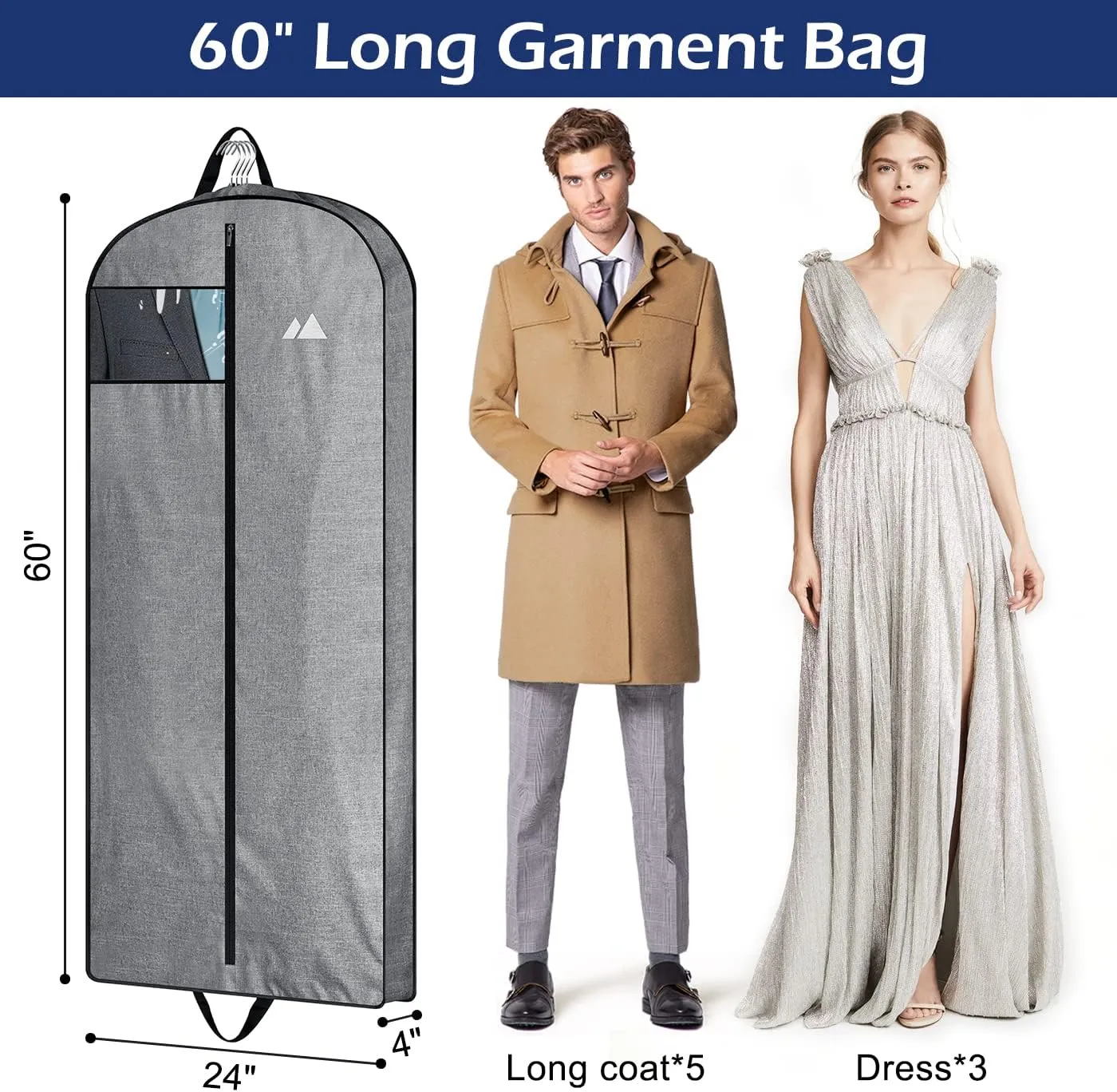 MISSLO 60" Heavy Duty Long Garment Bags for Travel Monogrammed Dress Bag Waterproof Oxford Fabric Wedding Dress Cover for Gowns, Winter Coats, Suits
