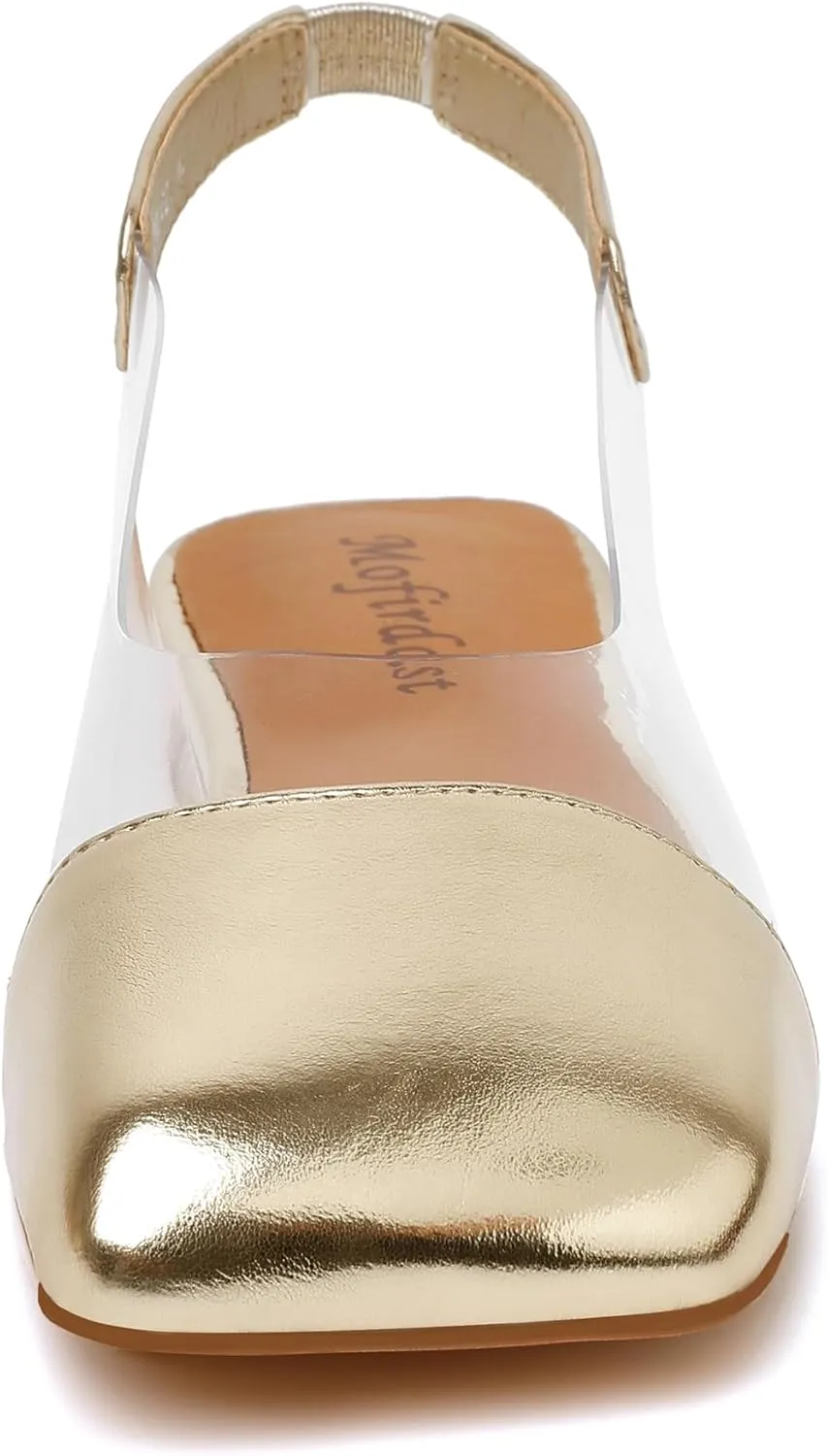 Mofirdast Patent Leather Clear Strap Square Toe Slingback Pumps, Multi-Color Low Block Heel Dress Shoes for Women Work Weddings Parties