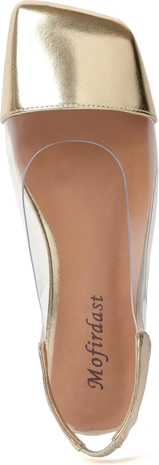 Mofirdast Patent Leather Clear Strap Square Toe Slingback Pumps, Multi-Color Low Block Heel Dress Shoes for Women Work Weddings Parties