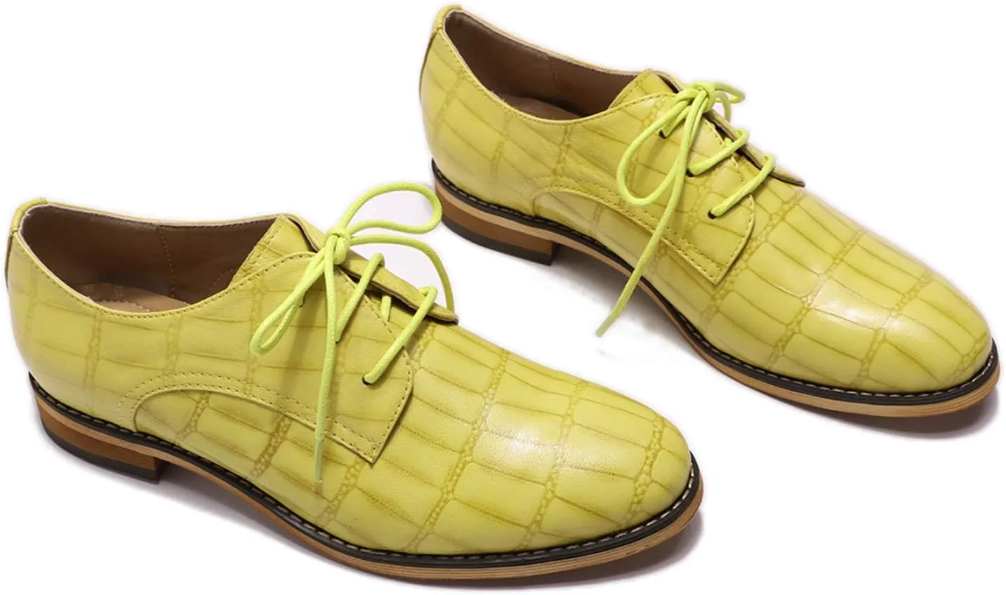 Mona flying Women's Fashion Croc Embossed Oxfords Derby Lace-up Leather Flat Shoes for Ladies
