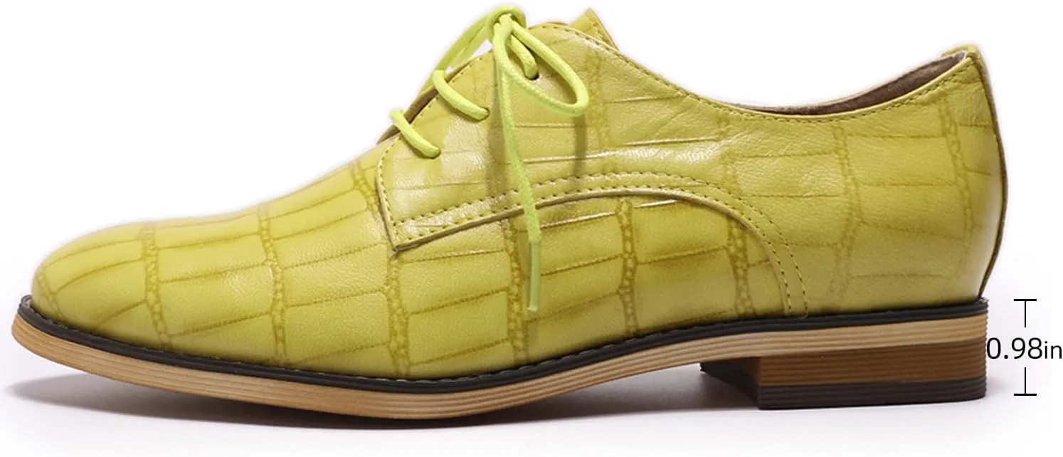 Mona flying Women's Fashion Croc Embossed Oxfords Derby Lace-up Leather Flat Shoes for Ladies