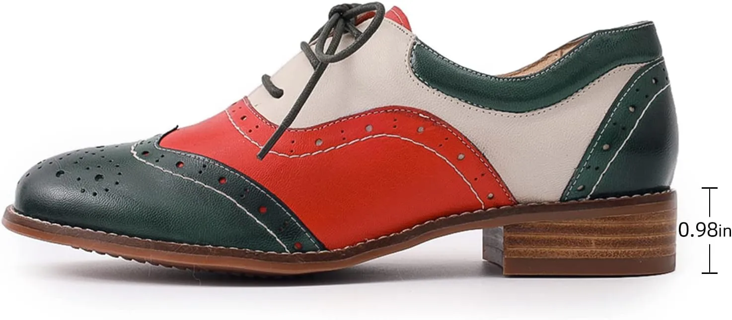 Mona flying Women's Leather Oxfords Brogue Wingtips Lace up Flat Office Work Shoes for Ladies