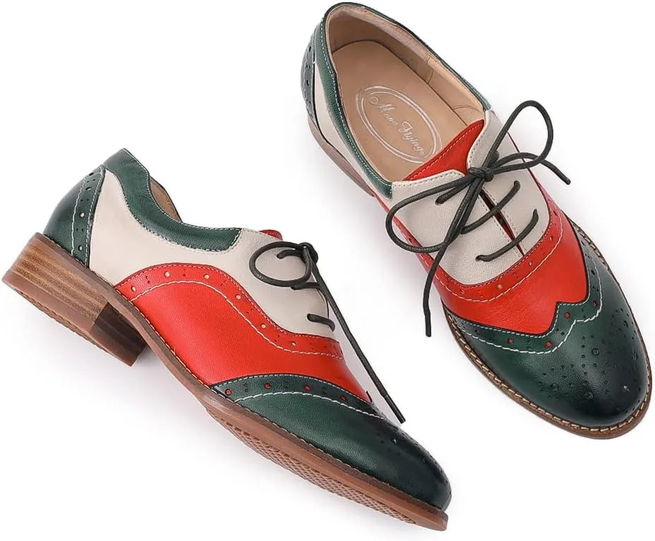 Mona flying Women's Leather Oxfords Brogue Wingtips Lace up Flat Office Work Shoes for Ladies