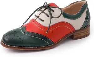 Mona flying Women's Leather Oxfords Brogue Wingtips Lace up Flat Office Work Shoes for Ladies