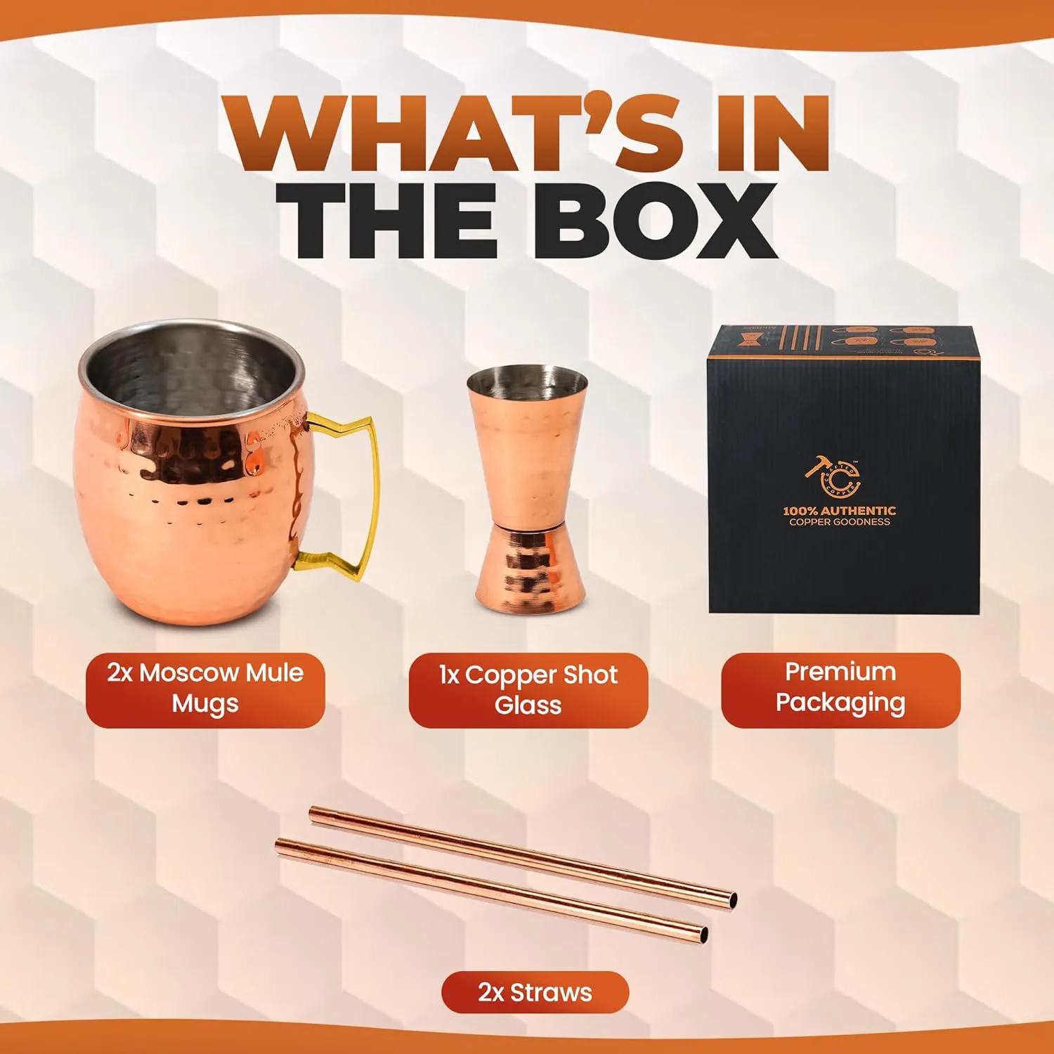 Moscow Mule Cups Set of 2 | 100% Pure Copper Plated 16 OZ Hammered Copper Cups with 304 Stainless Steel Lining and Brass Handles with 2X Straws and 1x Jigger For Cold Drinks, Beer, Wine, Bars, Parties