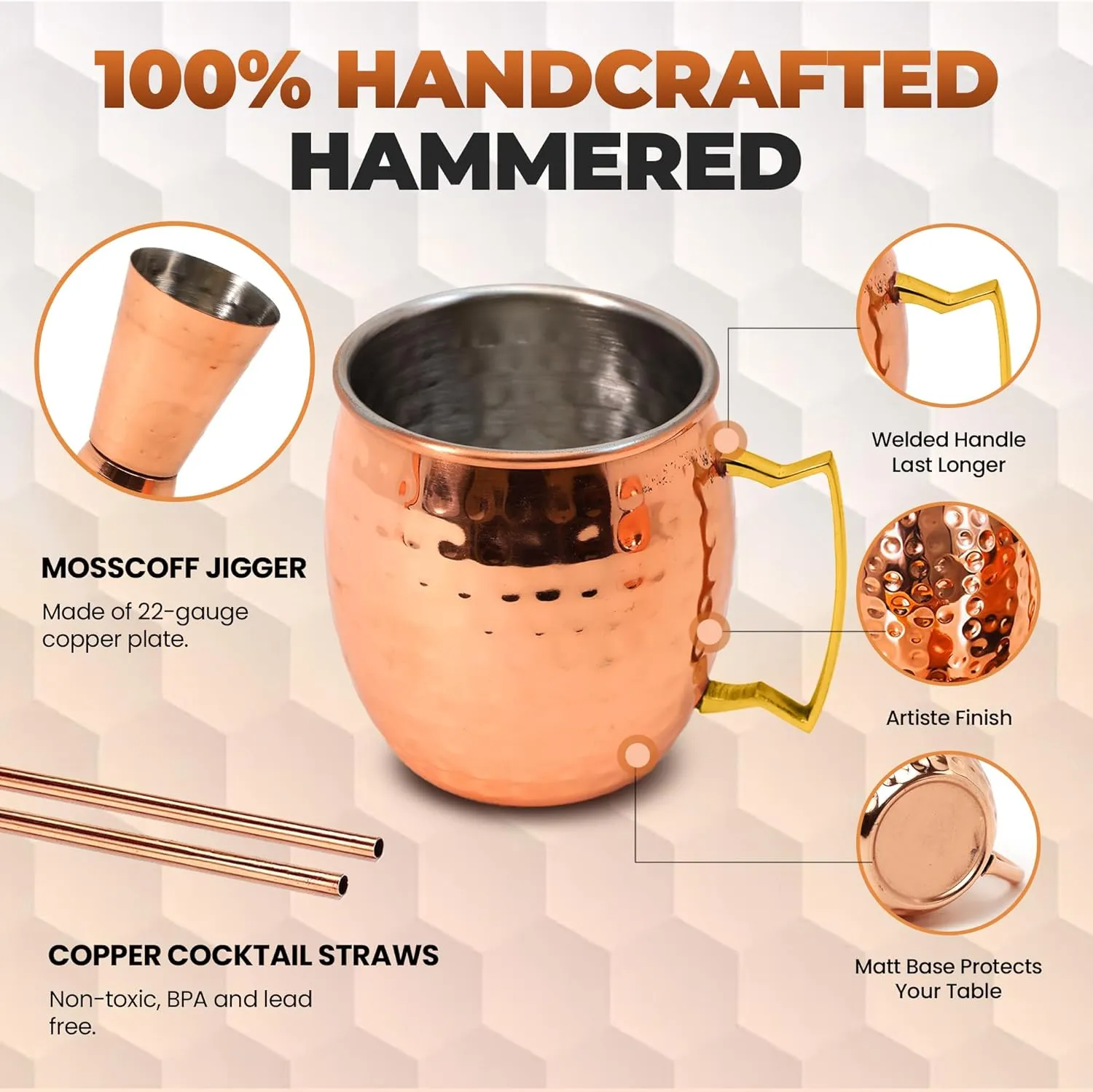 Moscow Mule Cups Set of 2 | 100% Pure Copper Plated 16 OZ Hammered Copper Cups with 304 Stainless Steel Lining and Brass Handles with 2X Straws and 1x Jigger For Cold Drinks, Beer, Wine, Bars, Parties